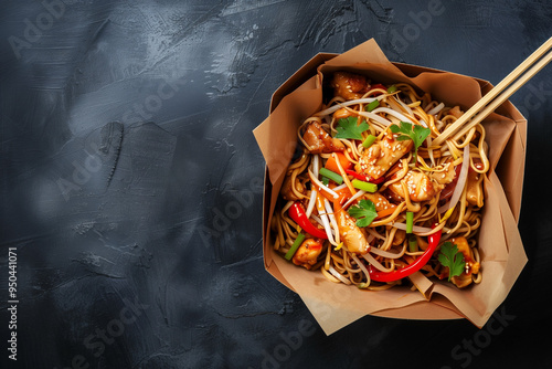 chinese noodles in paper box with chicken and vegetables, top view photo