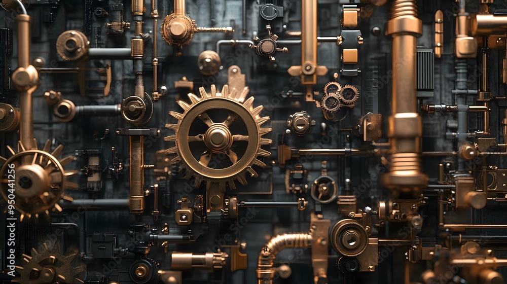 Fototapeta premium Intricate machinery steampunk workshop brass instruments gears vintage industrial copper tones