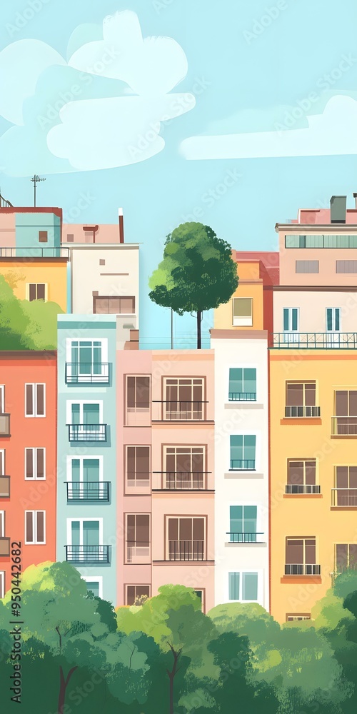 Colorful Buildings with Green Trees and Blue Sky Colorful Buildings with Green Trees and Blue Sky