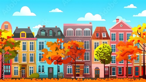 Colorful Autumn Houses Landscape Illustration