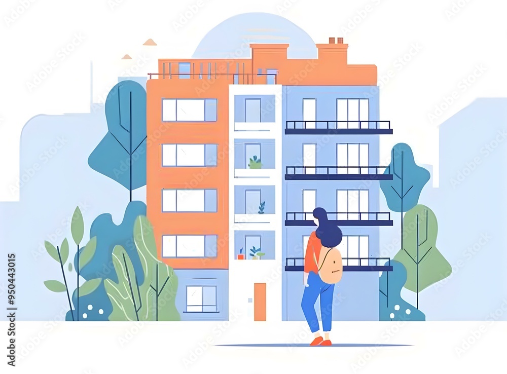 Woman Standing In Front Of Apartment Buildings Woman Standing In Front Of Apartment Buildings