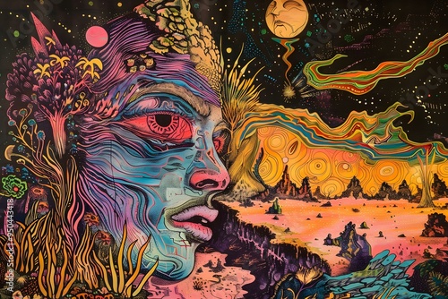 Psychedelic Art Illustration of a Face and a Desert Landscape