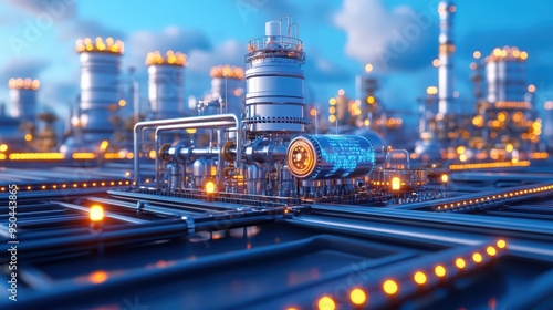 Detailed view of an industrial oil refinery with pipes, tanks, and glowing lights showcasing modern energy infrastructure.