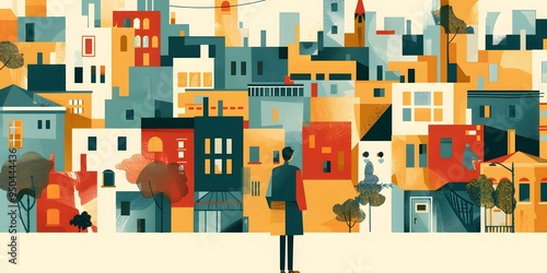 Abstract Cityscape with Man Looking at Buildings