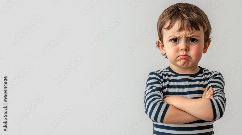 Young boy frowning intensely with crossed arms in a neutral gray setting, expressing frustration or displeasure Young boy frowning intensely with crossed arms in a neutral gray setting, expressing frustration or displeasure