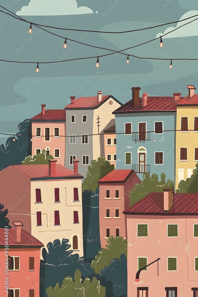 Colorful Illustration of European Cityscape with String Lights Colorful Illustration of European Cityscape with String Lights