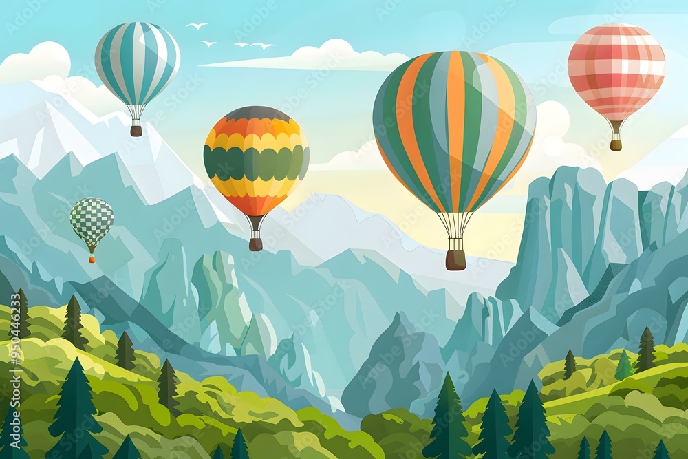 Obraz premium Hot Air Balloons Flying Over Mountains Landscape Illustration