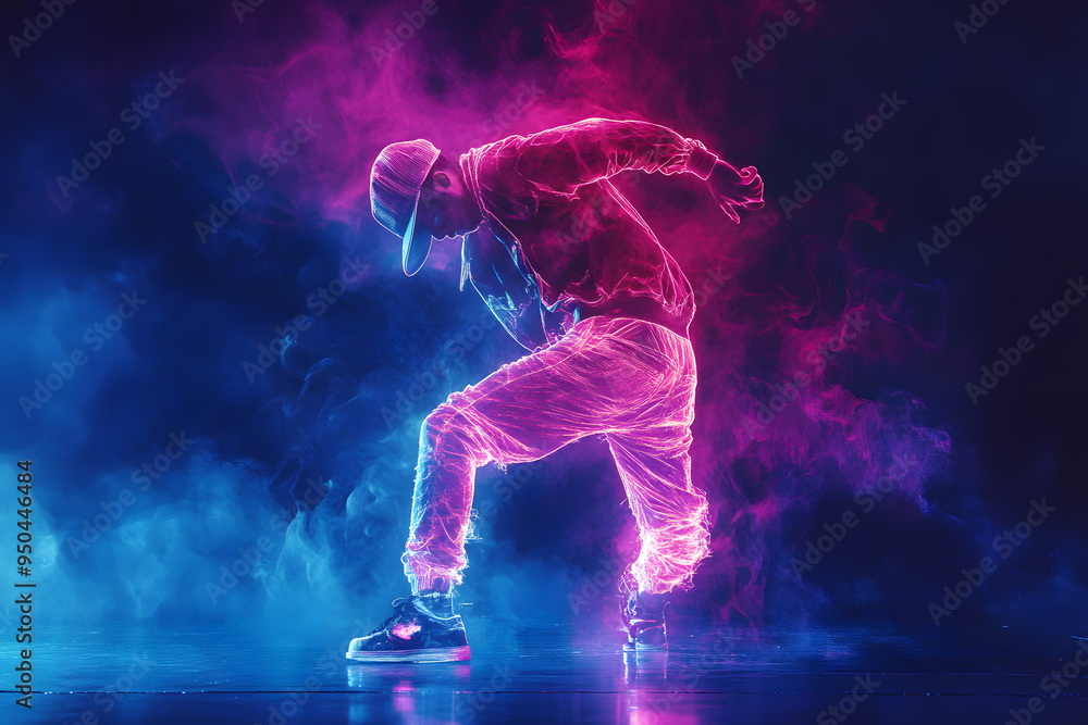 Man in bright clothes dancing hip-hop isolated on dark background in mixed neon light Man in bright clothes dancing hip-hop isolated on dark background in mixed neon light