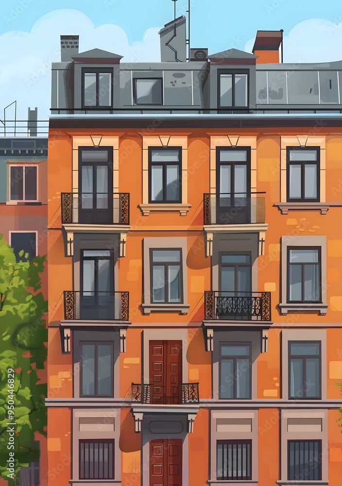 Obraz premium Orange Brick Building With Many Windows And Balconies