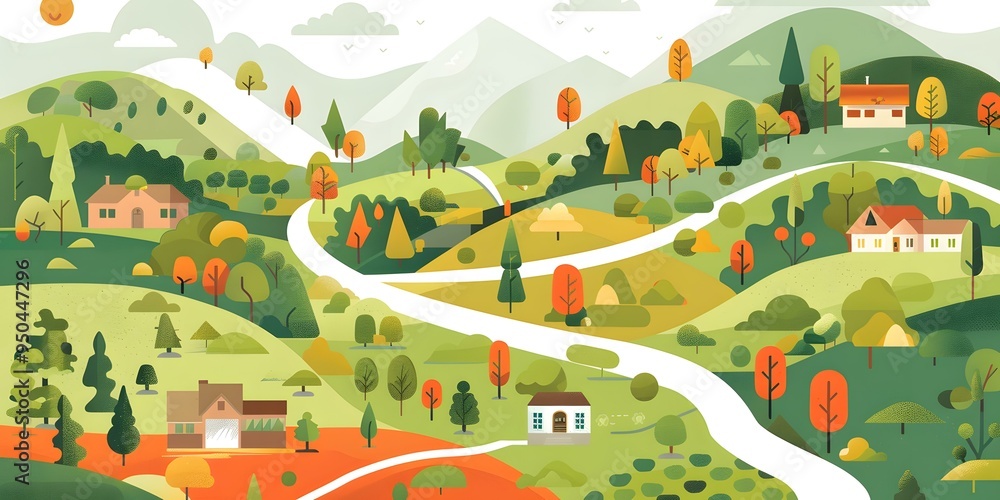 Abstract Flat Style Illustration of a Green Landscape With Houses and Winding Roads Abstract Flat Style Illustration of a Green Landscape With Houses and Winding Roads