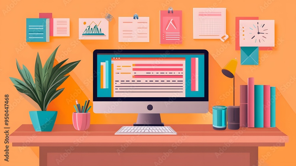 Flat Design Illustration Of A Modern Workplace Desk Flat Design Illustration Of A Modern Workplace Desk