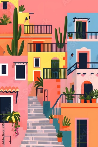 Colorful Illustration of a Mediterranean Town with Buildings and Stairs