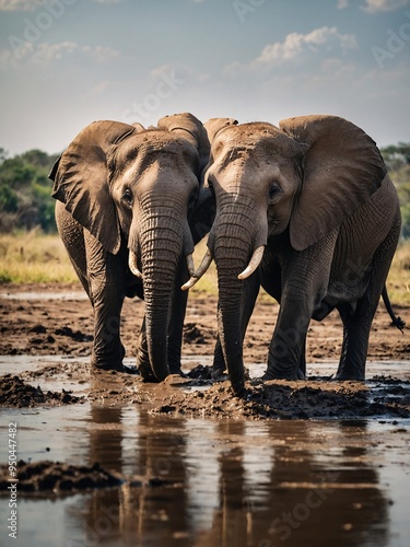 Elephants Playing Elephants playing in mud by a riverbank.