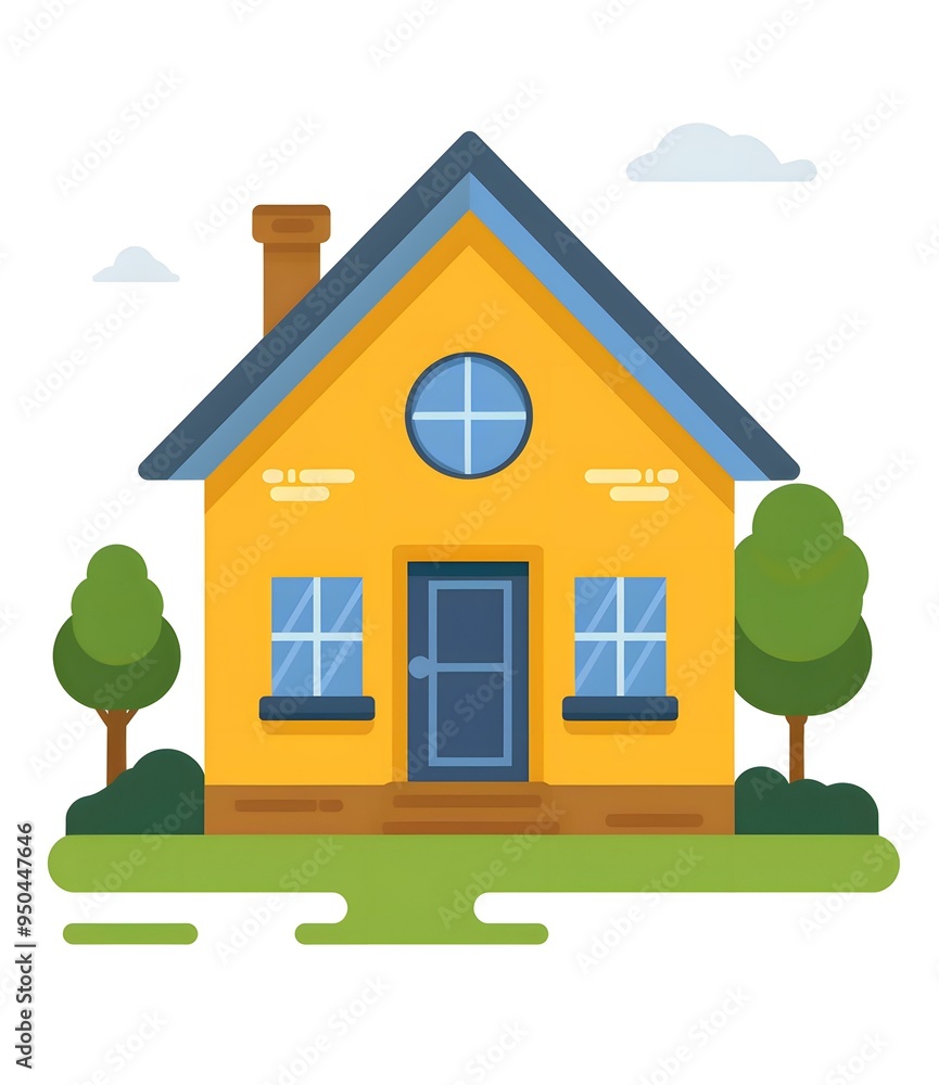 Yellow House With Blue Roof And Green Trees Yellow House With Blue Roof And Green Trees
