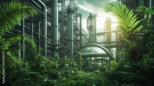 A high-tech carbon capture facility removing CO2 from the atmosphere surrounded by lush greenery showcasing how technology can mitigate the effects of climate change