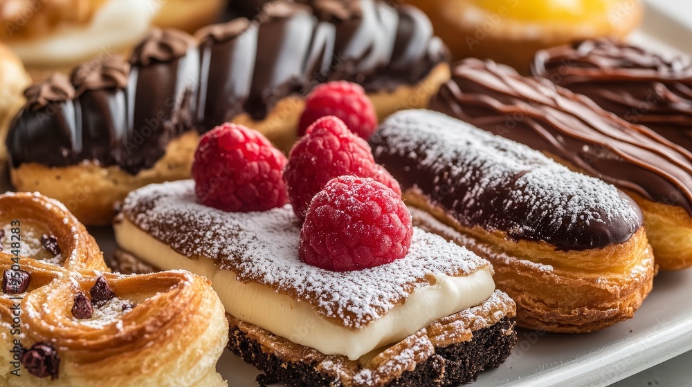 Delicious Assortment of French Pastries including Eclairs, Pain au Chocolat, and Tarts on Plate with Neutral Background Delicious Assortment of French Pastries including Eclairs, Pain au Chocolat, and Tarts on Plate with Neutral Background