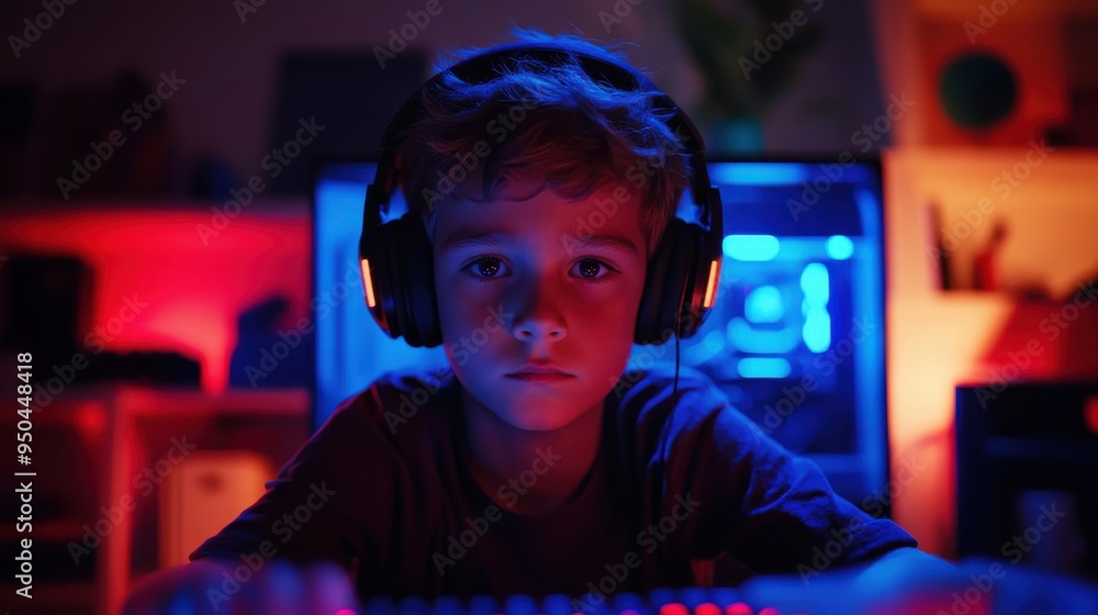 Boy wearing headphones focused on a computer while seated at a desk Boy wearing headphones focused on a computer while seated at a desk