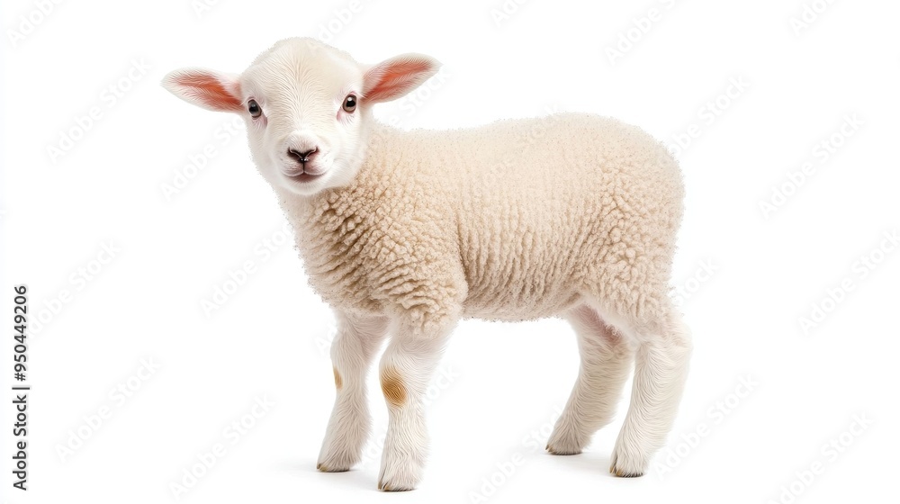 A charming lamb gazes curiously at the camera against a soft white background in a captivating full-body shot A charming lamb gazes curiously at the camera against a soft white background in a captivating full-body shot