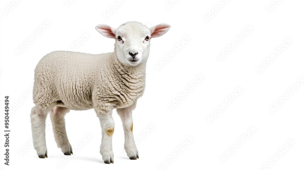 A charming lamb gazes curiously at the camera against a soft white background in a captivating full-body shot A charming lamb gazes curiously at the camera against a soft white background in a captivating full-body shot