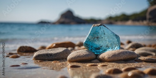 A sandy beach with crystal-clear blue water and a rock outcropping on its opposite side. photo