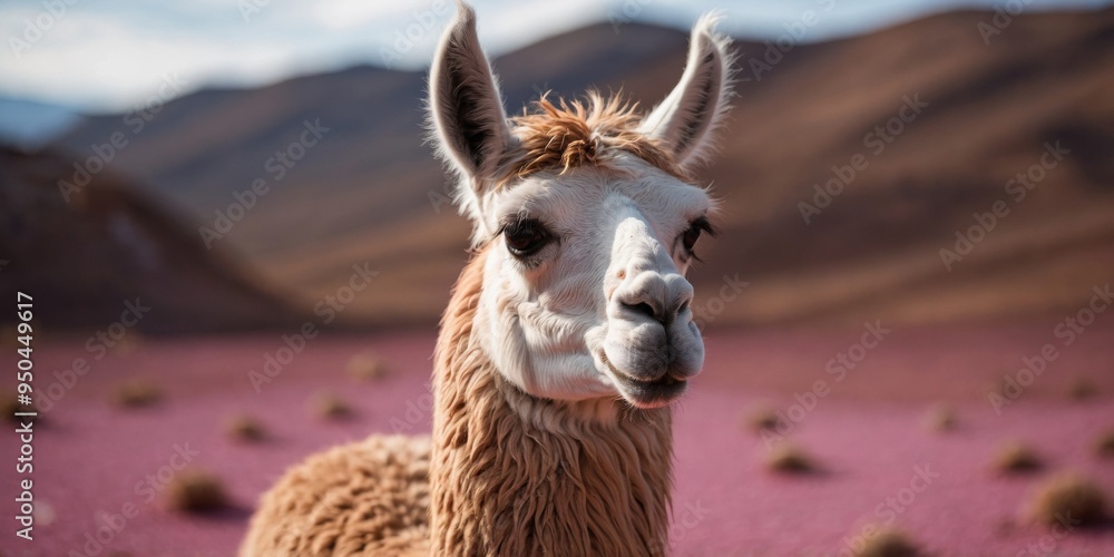 Obraz premium A close-up shot of a llama standing on a bright pink surface.