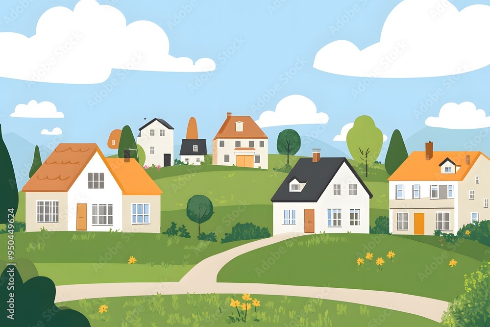 Cartoon Illustration of a Small Town with Houses and Green Hills Cartoon Illustration of a Small Town with Houses and Green Hills