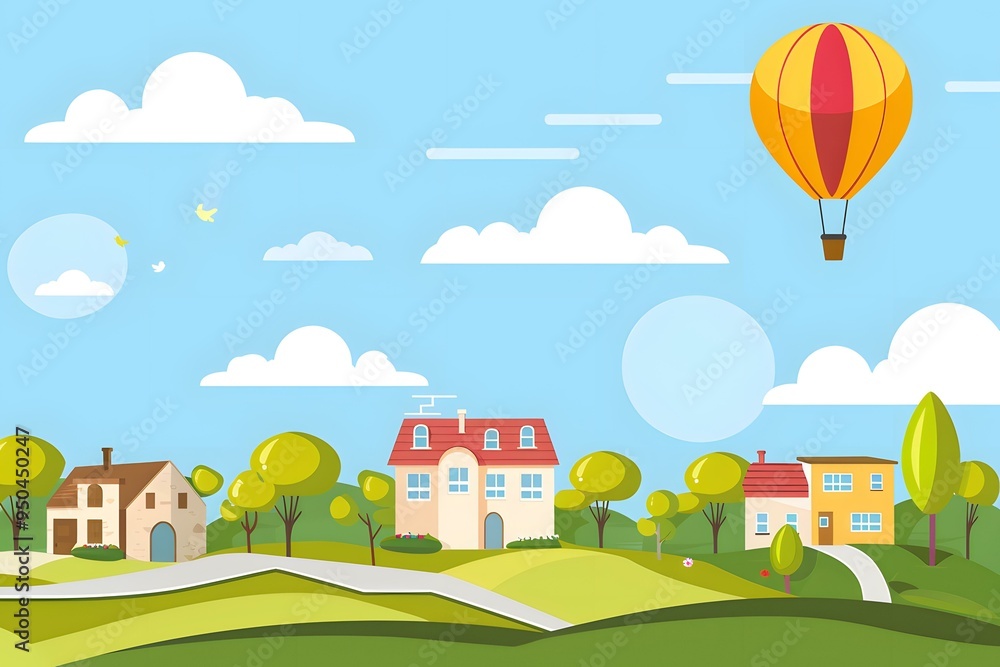 Cartoon Illustration of a Picturesque Village with a Hot Air Balloon Floating in the Sky Cartoon Illustration of a Picturesque Village with a Hot Air Balloon Floating in the Sky