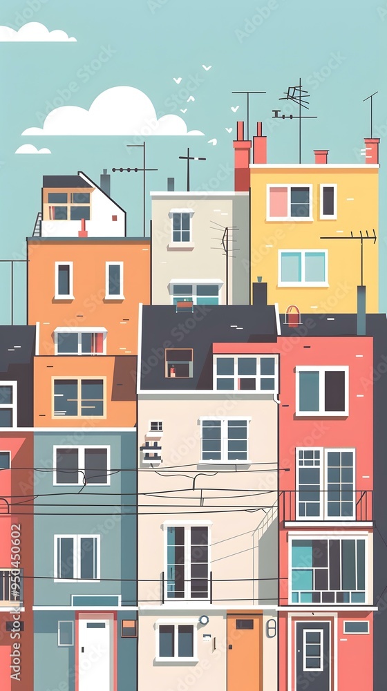 Colorful Illustration Of Row Houses With Windows And Doors Colorful Illustration Of Row Houses With Windows And Doors