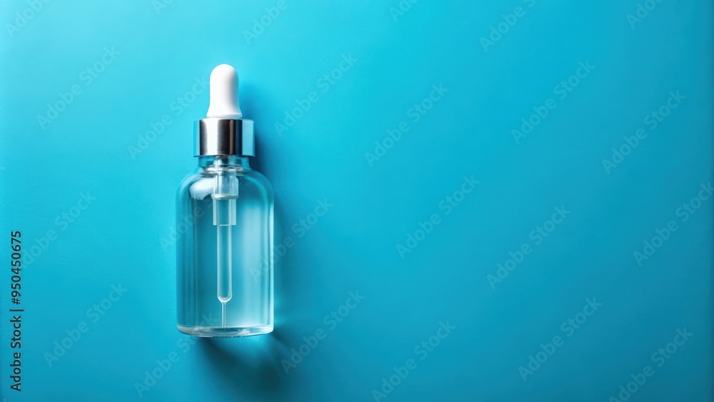 Glass bottle with pipette of cosmetic gel on blue background, top view, cosmetic, liquid, gel,glass bottle Glass bottle with pipette of cosmetic gel on blue background, top view, cosmetic, liquid, gel,glass bottle