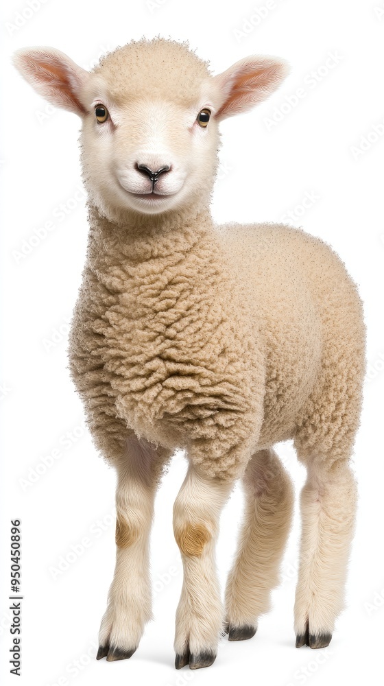 A charming lamb gazes curiously at the camera against a soft white background in a captivating full-body shot A charming lamb gazes curiously at the camera against a soft white background in a captivating full-body shot