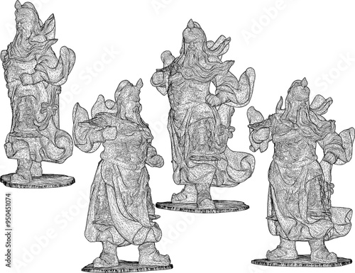 Vector sketch illustration of decorative design of holy war god statue standing giving orders to troops