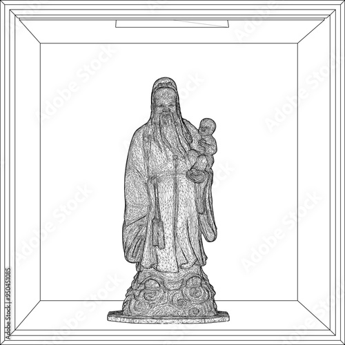 Vector sketch illustration of decorative design of statue of god of happiness smiling full of wisdom standing carrying baby