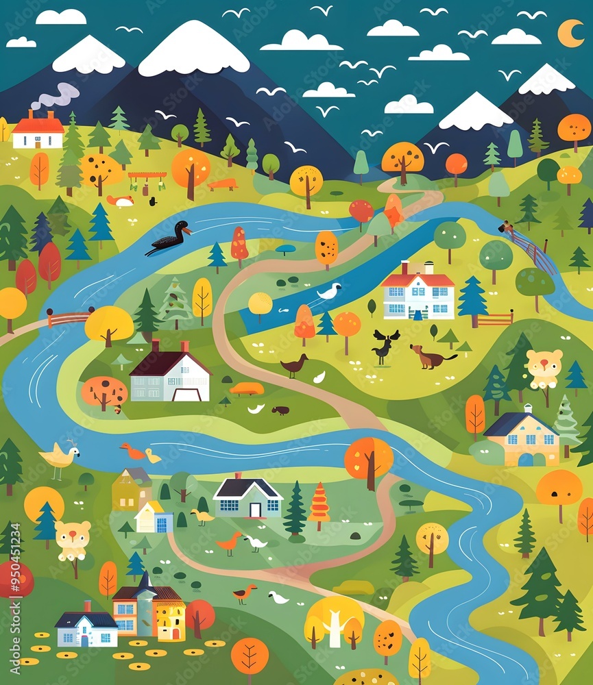 Illustrated Map of a Small Town with River and Mountains in the Background Illustrated Map of a Small Town with River and Mountains in the Background