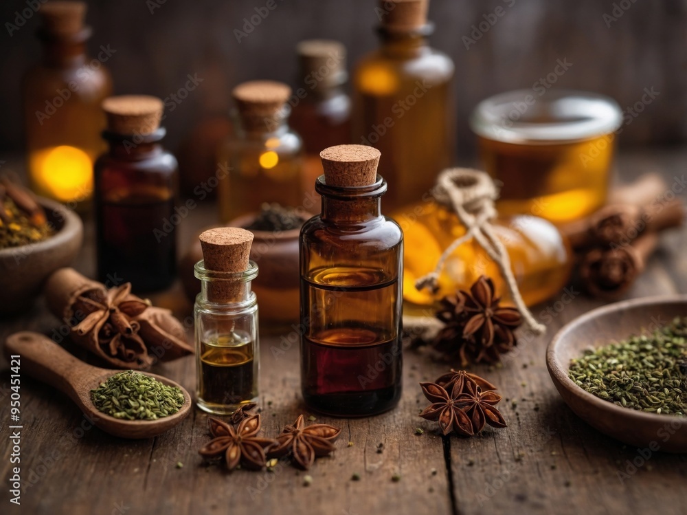 Bottles of essential oils with spices on rustic table. Bottles of essential oils with spices on rustic table.