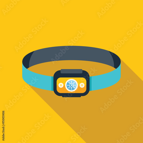 Headlamp with elastic band is lying on yellow background, lighting equipment for tourism and active lifestyle