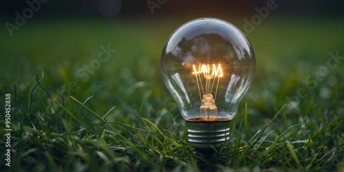 A single light bulb resting on green grass.