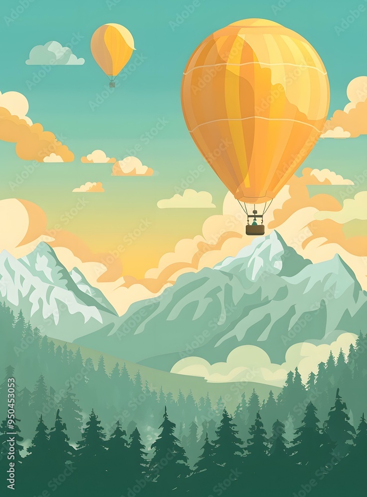 Hot Air Balloon Flying Over Mountains and Forest Hot Air Balloon Flying Over Mountains and Forest