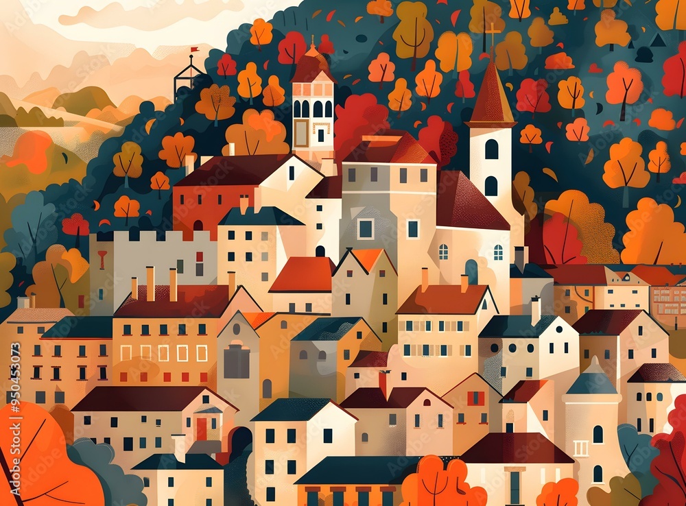 Autumn Village Landscape Illustration Autumn Village Landscape Illustration