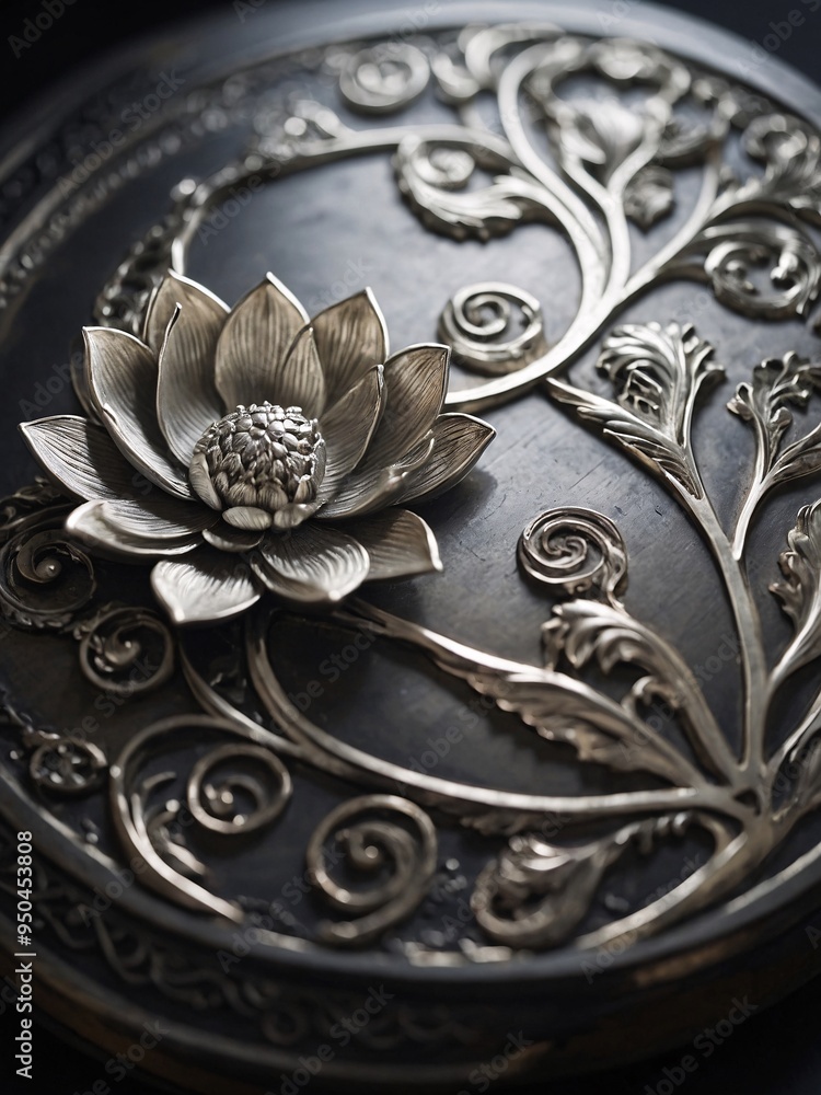 Elegant silver plaque adorned with lotus flower engravings. Elegant silver plaque adorned with lotus flower engravings.