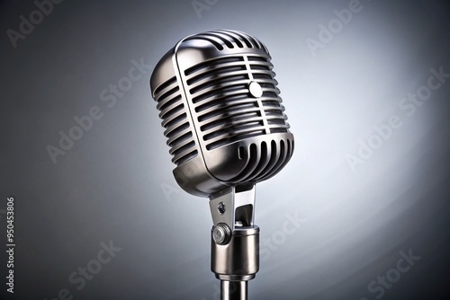 Shiny silver microphone with a rounded grille and slim handle standing upright on a plain background, ready for stage performances or podcast recordings.