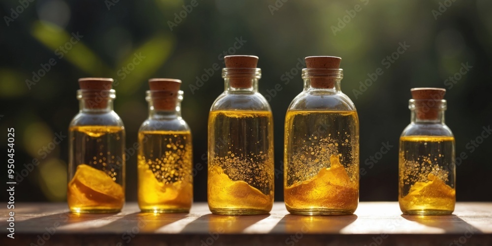 Glass bottles with yellow liquid in sunlight. Glass bottles with yellow liquid in sunlight.