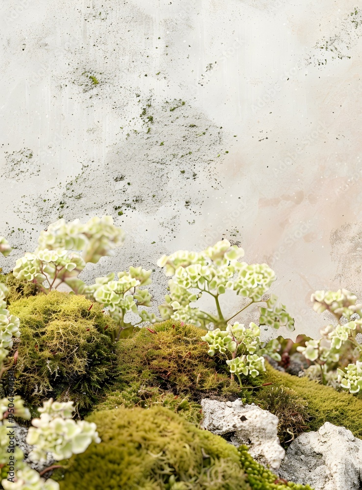 Green Moss and Tiny White Flowers Growing On A Rough Wall Green Moss and Tiny White Flowers Growing On A Rough Wall