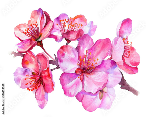A vibrant watercolor illustration of pink cherry blossoms on a branch.
