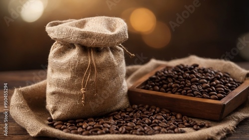 Coffee beans in a sack on sackcloth Roasted coffee beans in box. photo