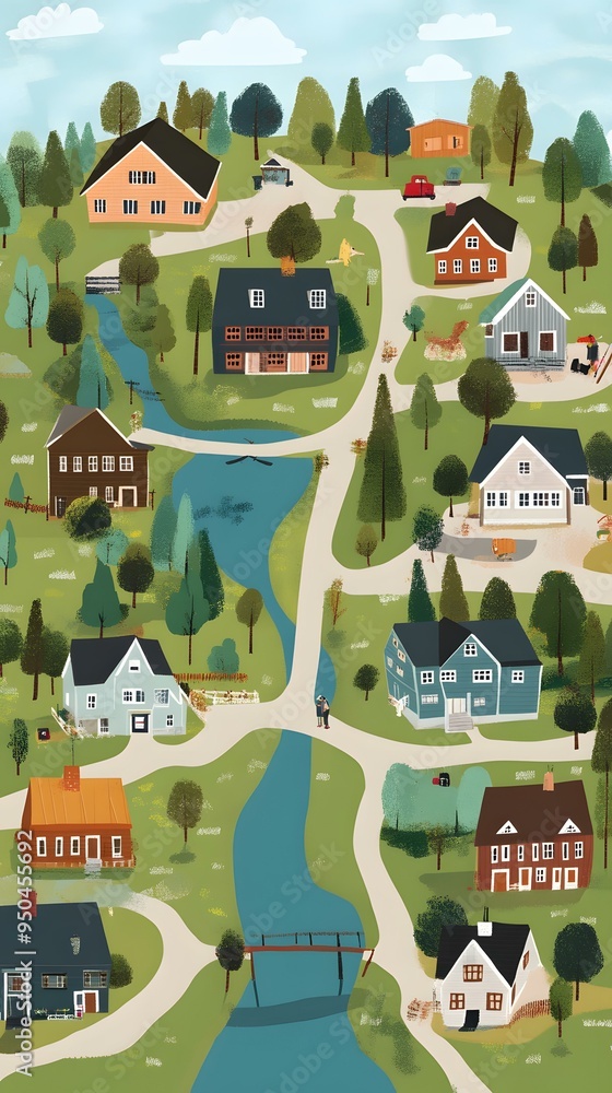 Charming Village Landscape with Houses, River and Couple Charming Village Landscape with Houses, River and Couple