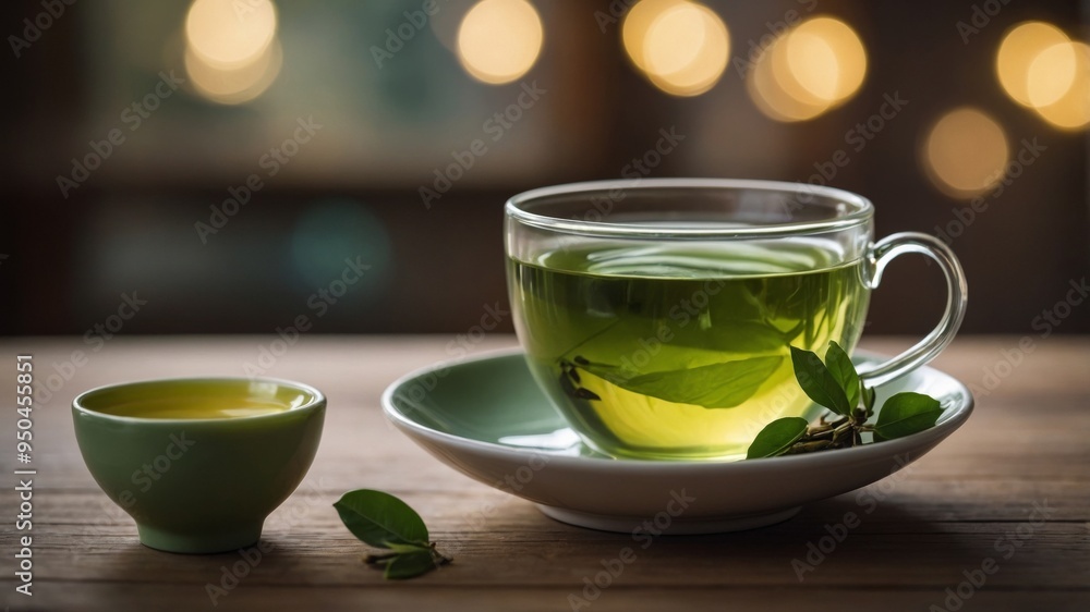 Green Tea in Ceramic Cup on Wooden Table. Green Tea in Ceramic Cup on Wooden Table.