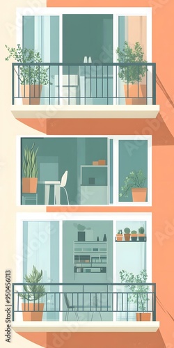 Three Balconies with Plants and Furniture