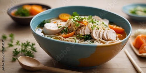 Bowl with noodle soup with poached chicken and vegetables.