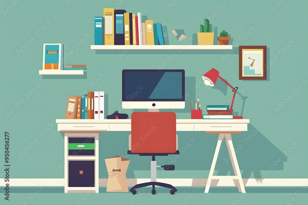 Minimalist Home Office Desk with Bookshelf and Computer