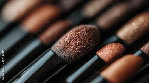 This close-up image features a collection of makeup brushes arranged neatly, highlighting the varied textures and shades of brown, showcasing the luxurious and detailed design of each brush.